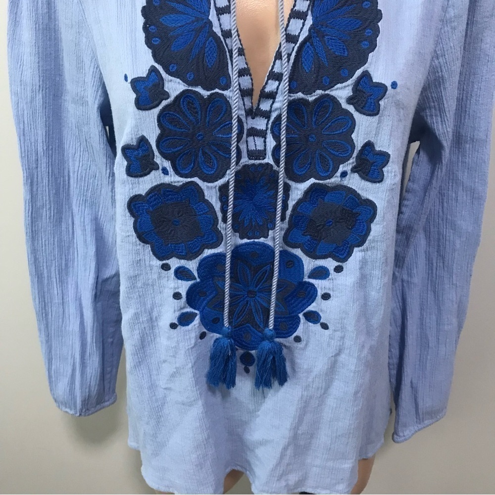 Boden Allegra Embroidered Blue Top Size 10 Tassel Tie - Picture 4 of 6
